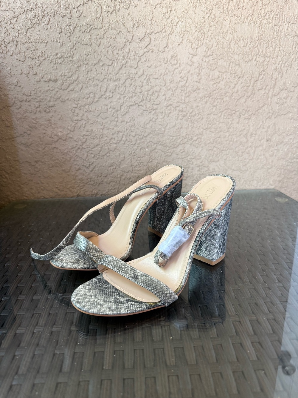 Chunky Block Heel Snake-Print Sandals in Gray